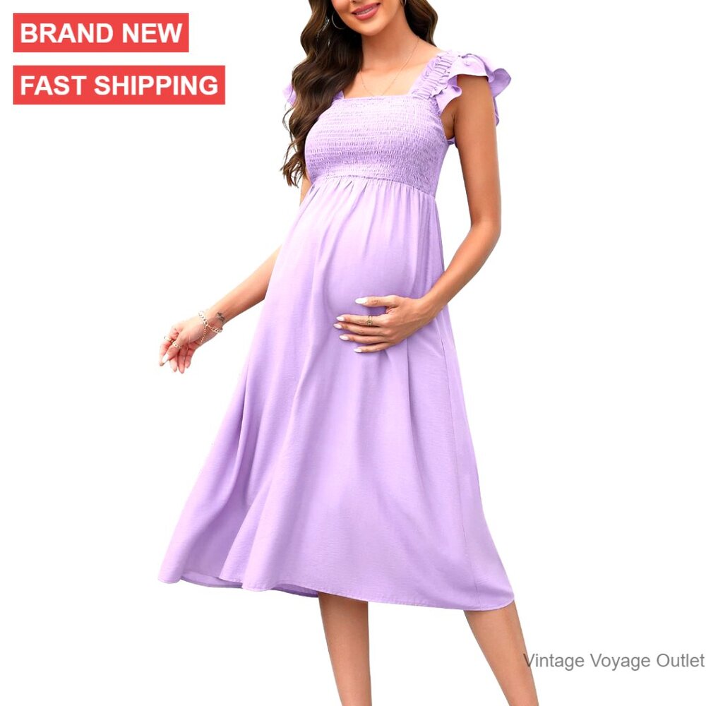 Maternity Maxi Dress Smocked Waist Flutter Sleeve Square Neck Boho